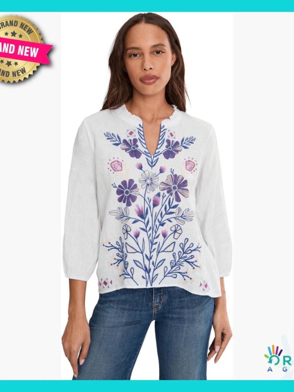 Floral Linen Blouse Romantic Ruffle 3/4 Sleeve Chic Boho Spring Summer